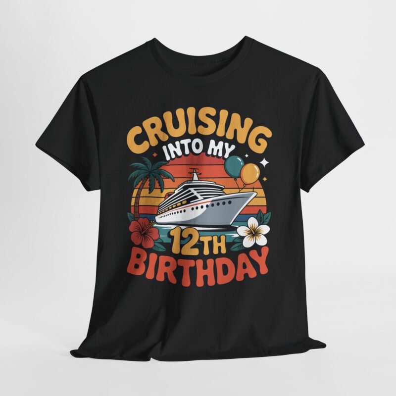 Cruising Into My 12th Birthday cruise T-shirt design with cruise ship, retro sunset, balloons, palm tree and tropical flowers