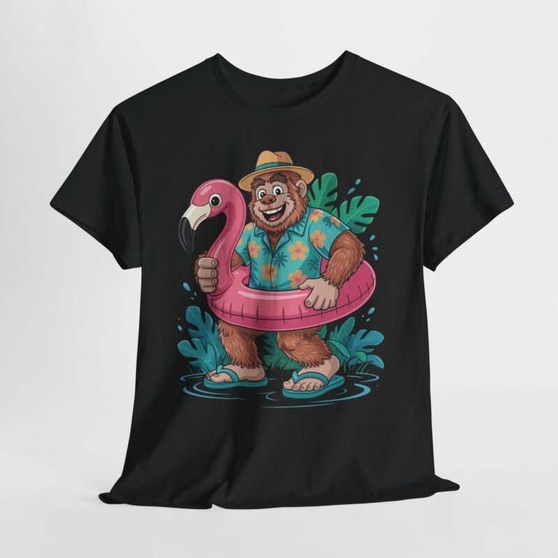 funny bigfoot cruise shirt cartoon bigfoot with flamingo float and tropical background