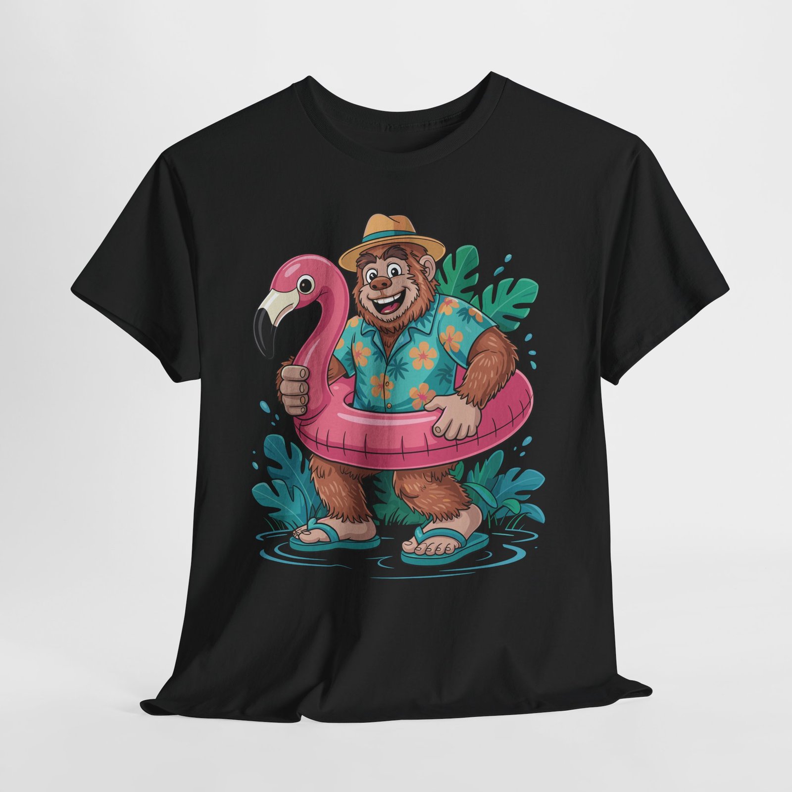 Funny Bigfoot Cruise Shirt Flamingo Float Tropical Vacation Tee 1 funny bigfoot cruise shirt cartoon bigfoot with flamingo float and tropical background