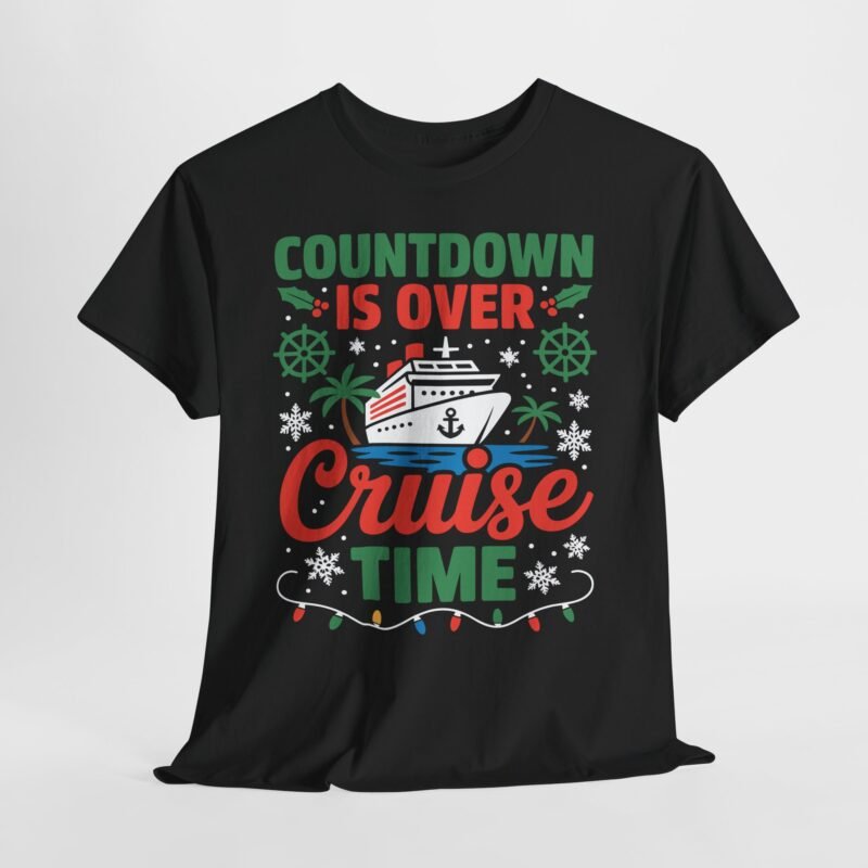 Cruise time shirt design with holiday cruise ship, snowflakes, palm trees and Christmas lights