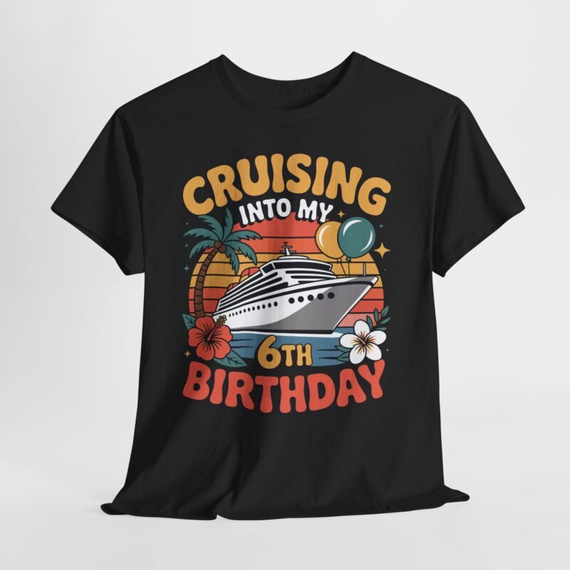 6th birthday cruise shirt design with cruise ship, retro sunset, balloons, palm tree, and tropical flowers