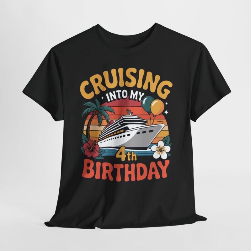 4th birthday cruise shirt design with cruise ship, retro sunset, balloons, palm tree, and tropical flowers