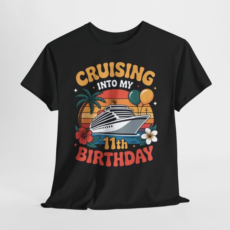 11th birthday cruise shirt with retro sunset, cruise ship, balloons, palm tree, and tropical flowers
