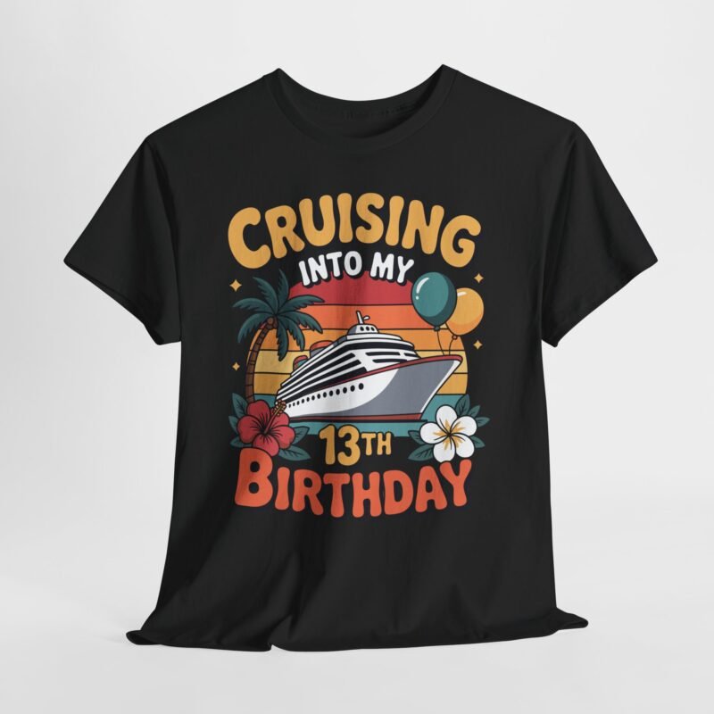 13th birthday cruise shirt design with cruise ship, retro sunset, balloons, palm tree, and tropical flowers