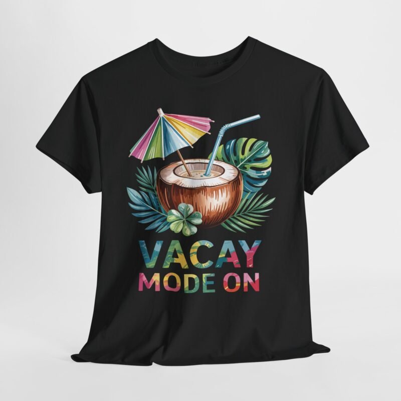 Tropical coconut drink illustration with colorful umbrella and “Vacay Mode On” text on a summer cruise T-shirt