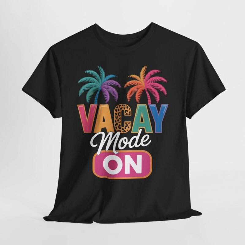 Vacay Mode On shirt with colorful palm trees and leopard print letter design