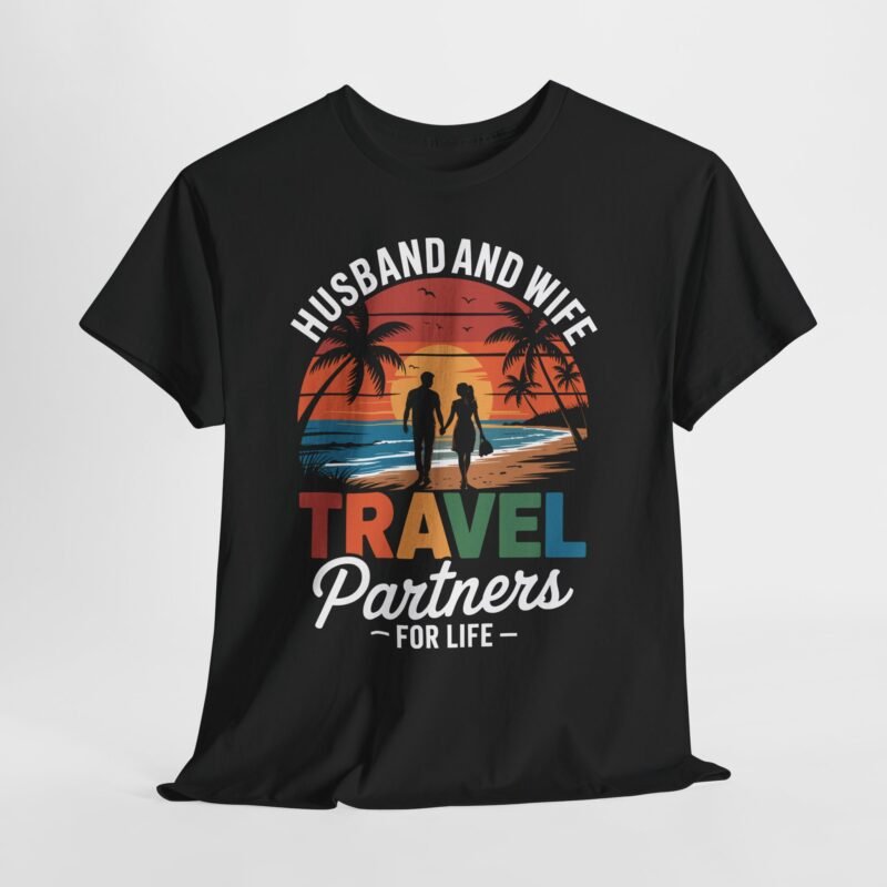 Husband and wife travel shirt with romantic sunset beach and cruise theme