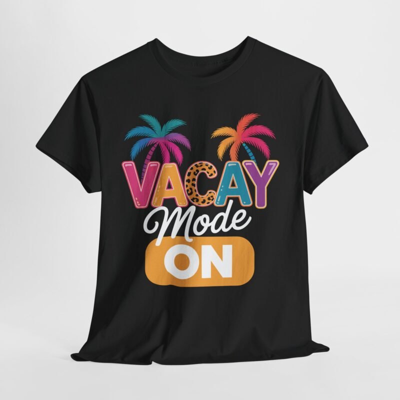 Vacay Mode On shirt with colorful palm trees and leopard print letter design
