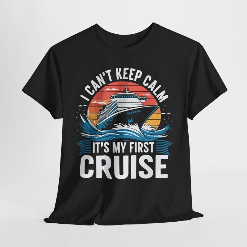 First Cruise T-shirt featuring a blue and white cruise ship with anchors and ship wheels on a sunset background.