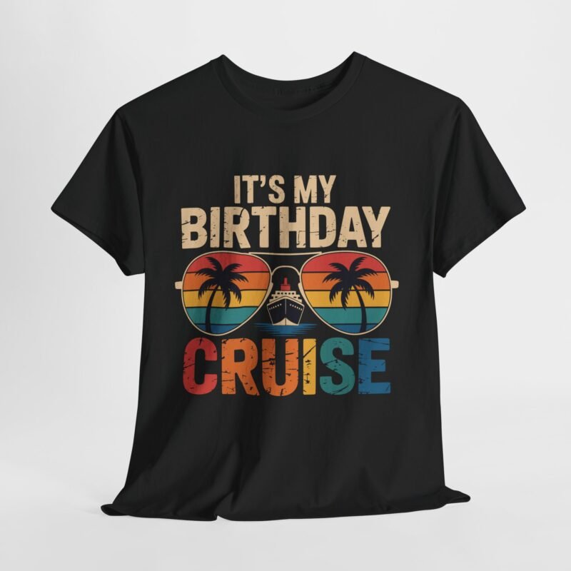 Birthday Cruise T-shirt featuring a cruise ship, sunset, palm trees, and pink hibiscus flowers for a birthday vacation.