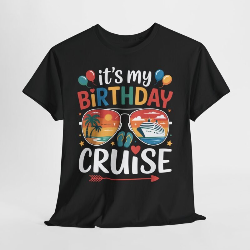 Birthday Cruise T-shirt with a white cruise ship, tropical sunset, palm trees, and pink hibiscus flowers.