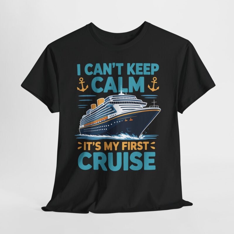 First Cruise T-shirt featuring a blue and white cruise ship with anchors and ship wheels on a sunset background.